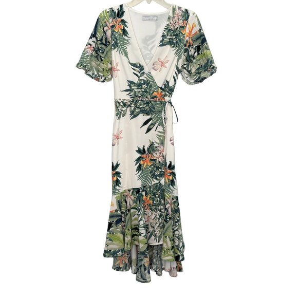Adelyn Rae Floral Ivory Ruffled Short‎ Sleeve Wrap Dress - Size Medium - Picture 1 of 9